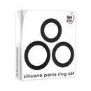 Adam & Eve Silicone Penis Ring Set packaging featuring three black silicone rings for enhanced performance.