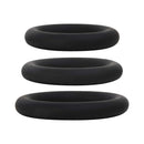 Adam & Eve Silicone Penis Ring Set featuring three soft and stretchy black silicone rings for enhanced erections.