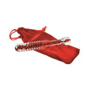 Adam & Eve Eve's Sweetheart Swirl Glass Dildo next to a red velvet pouch.