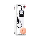 Adam & Eve Adam's ProMax Penis Pump With Gauge in packaging with gauge and silicone ring.