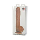 Adam & Eve Adam's Colossal 12 Inch Dildo Brown in packaging, showcasing the realistic design and prominent details.