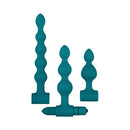 Adam & Eve Vibrating Bumpy Bead Anal Plug Set featuring three uniquely shaped silicone plugs and a vibrating bullet.