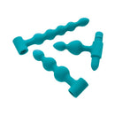 Adam & Eve Vibrating Bumpy Bead Anal Plug Set featuring three uniquely shaped silicone plugs and a vibrating bullet.