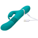 Adam & Eve Eve's Rechargeable Thrusting Rabbit Vibrator in teal with USB charging cable.
