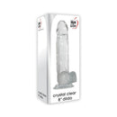Adam & Eve Crystal Clear 8 Inch Suction Cup Dildo displayed in packaging showcasing its realistic design and transparency.