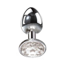 Adam & Eve Clear Gem Anal Plug Small showcasing a shiny metal design with a crystal-like base for added sparkle.