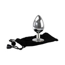 Adam & Eve Clear Gem Anal Plug Large with drawstring pouch, polished aluminum finish and tapered design.