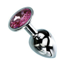 Adam & Eve Pink Gem Anal Plug Small with a shiny aluminum body and sparkling pink jewel at the base.
