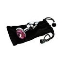 Adam & Eve Pink Gem Anal Plug Small on a black storage pouch with a shiny finish and pink jewel detail.