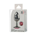 Adam & Eve Pink Gem Anal Plug Medium packaging featuring a polished aluminum plug with a pink jeweled base.