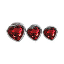 Adam & Eve Three Hearts Gem Anal Plug Set featuring three graduated aluminum plugs with sparkly red heart jewels.