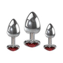 Adam & Eve Three Hearts Gem Anal Plug Set featuring three graduated aluminum plugs with sparkly red heart jewels.