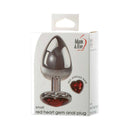 Adam & Eve Red Hearts Gem Anal Plug Small packaging showcasing a polished aluminum body and red heart gem base.