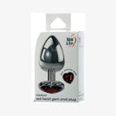 Adam & Eve Red Hearts Gem Anal Plug Medium packaging featuring a polished aluminum plug with a red heart gem.