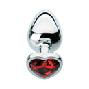 Adam & Eve Red Hearts Gem Anal Plug Medium with shiny aluminum and red heart gem, tapered for comfortable use.