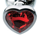 Adam & Eve Red Hearts Gem Anal Plug Medium featuring a shiny aluminum base and a sparkling red heart gem.