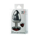 Adam & Eve Red Hearts Gem Anal Plug Large in packaging with red heart gem base and polished aluminum design.