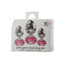 Adam & Eve Pink Gem Anal Plug Set featuring three polished aluminum plugs in small, medium, and large sizes.