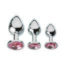 Adam & Eve Pink Gem Anal Plug Set featuring three polished aluminum plugs with sparkling pink jewel bases.