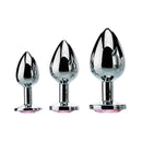 Adam & Eve Pink Gem Anal Plug Set featuring three polished aluminum plugs with pink jewel bases.