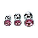 Adam & Eve Pink Gem Anal Plug Set featuring three polished aluminum plugs with sparkling pink jewel bases.