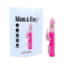 Adam & Eve Eve's First Thruster Rabbit Vibrator in pink packaging, featuring thrusting, rotating beads, and rabbit-ear vibration.