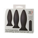 Adam & Eve Rechargeable Vibrating Anal Plug Trainer Kit featuring three silicone plugs and a rechargeable bullet for anal play.