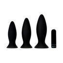 Adam & Eve Rechargeable Vibrating Anal Plug Trainer Kit featuring three silicone plugs and a rechargeable bullet.