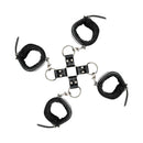 Adam & Eve Hog Tie Bondage Kit Black featuring four plush-lined cuffs for secure restraint play.