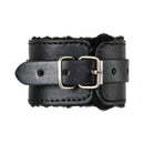 Adam & Eve Hog Tie Bondage Kit Black wrist cuff in black leather with fur lining and metal buckle.