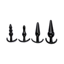 Adam & Eve 4-Piece Anal Plug Kit Black featuring four different sizes and shapes for beginners.
