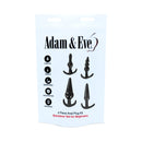 Adam & Eve 4-Piece Anal Plug Kit Black packaging featuring four beginner-friendly anal plugs in various shapes.