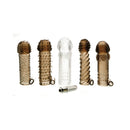 Adam & Eve Vibrating Penis Sleeve Kit with five textured sleeves and a mini bullet vibrator.