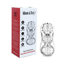 Adam & Eve Clear Triple Chamber Ball Drainer Stroker with textured sleeve and packaging.