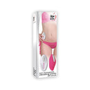 Adam & Eve Eve's Rechargeable Vibrating Panty With Remote displayed with a woman's hand holding the remote and a close-up on the panty.