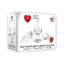 Adam & Eve Red Heart Gem Glass Plug Set featuring small, medium, and large plugs with heart-shaped gem bases.