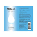 Adam & Eve Personal Water-based Lubricant 8 Oz product label showcasing its benefits and features on a light blue background.