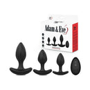 Adam & Eve Vibrating Anal Trainer Set featuring three graduated silicone plugs and a remote for enhanced pleasure.