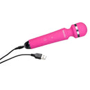 Adam & Eve Peak Rechargeable Wand Massager Pink connected with USB cable on a white background.