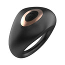 Adam & Eve Alan Vibrating Rechargeable Cock Ring Black with sleek black silicone design and remote control feature.