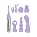 Adam & Eve Sweet Dreams Massager Kit featuring a silver vibrator and eight interchangeable attachment heads.