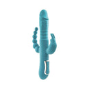 Adam & Eve Eve's Thrusting Triple Joy Rabbit Vibrator in turquoise color with clitoral and anal stimulation features.