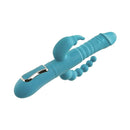 Adam & Eve Eve's Thrusting Triple Joy Rabbit Vibrator in turquoise with controls for versatile stimulation.