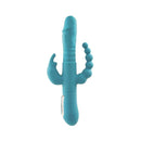 Adam & Eve Eve's Thrusting Triple Joy Rabbit Vibrator in teal, delivering multi-zone stimulation.