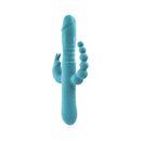 Adam & Eve Eve's Thrusting Triple Joy Rabbit Vibrator in blue color, designed for intense multiple stimulation.