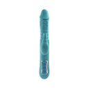 Adam & Eve Eve's Thrusting Triple Joy Rabbit Vibrator in teal with a phallic shape and bunny clitoral stimulator.