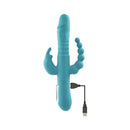 Adam & Eve Eve's Thrusting Triple Joy Rabbit Vibrator in teal with USB charging capability and unique shape.