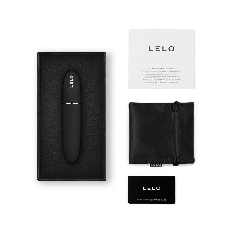 LELO MIA 3 Personal Vibrator Black in elegant packaging with accessories including warranty card and pouch.