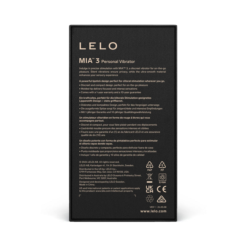 LELO MIA 3 Personal Vibrator Black packaging, features, and instructions for discreet pleasure.