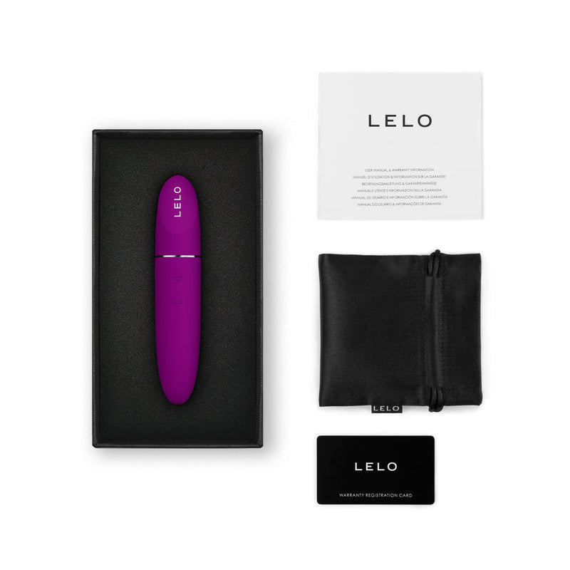 LELO MIA 3 Personal Vibrator Deep Rose in black packaging with warranty card and storage pouch.